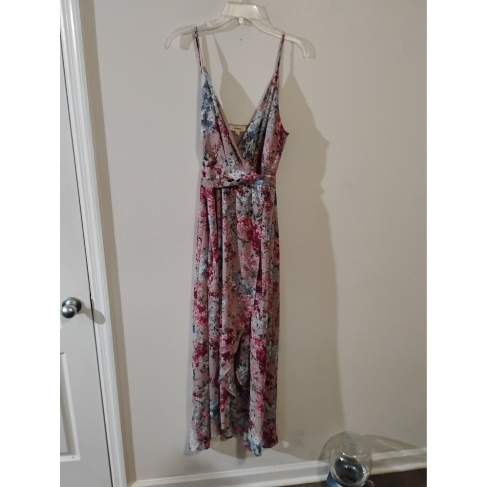 Ee:some Floral Maxi Dress Pink Blue V-Neck High-Low Wrap Style L